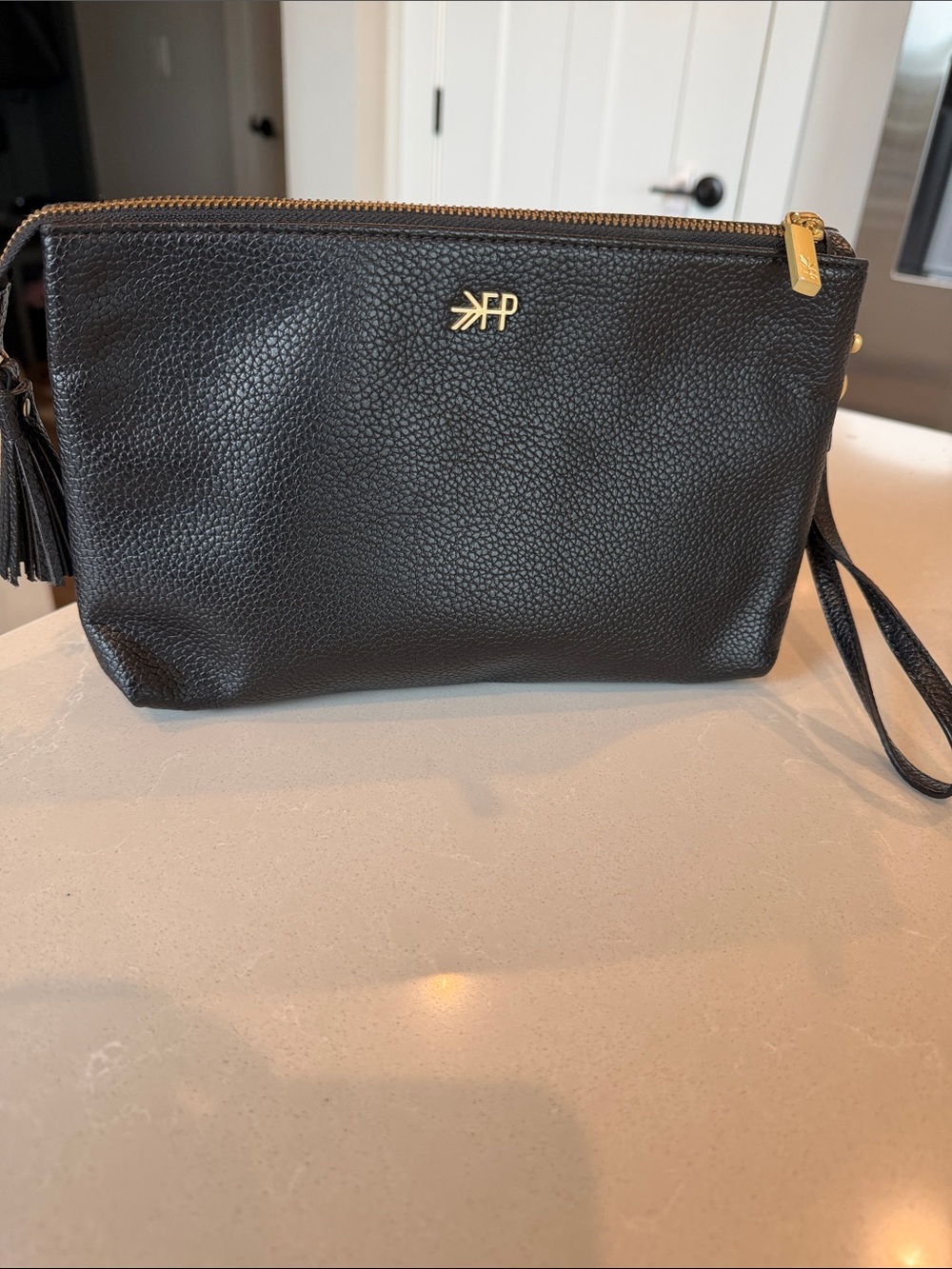 Freshly Picked Black Pebbled Leather Wristlet with Gold Hardware